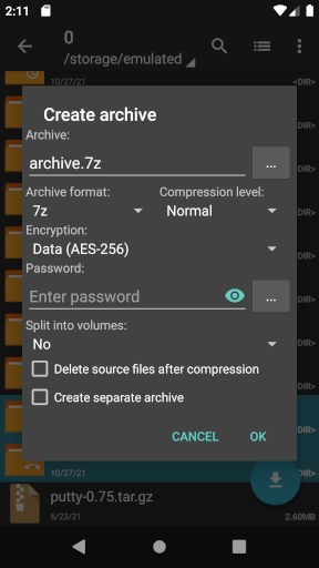 ZArchiver Archive dialog